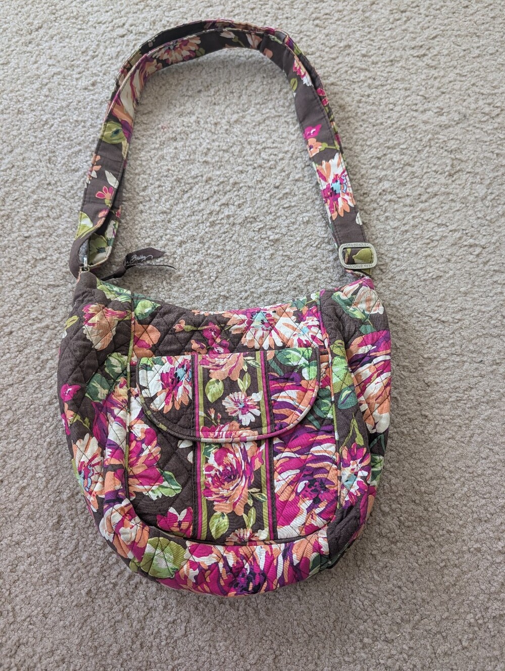 Vera Bradley Brown Floral Quilted Shoulder Bag with Pink & Green Accents